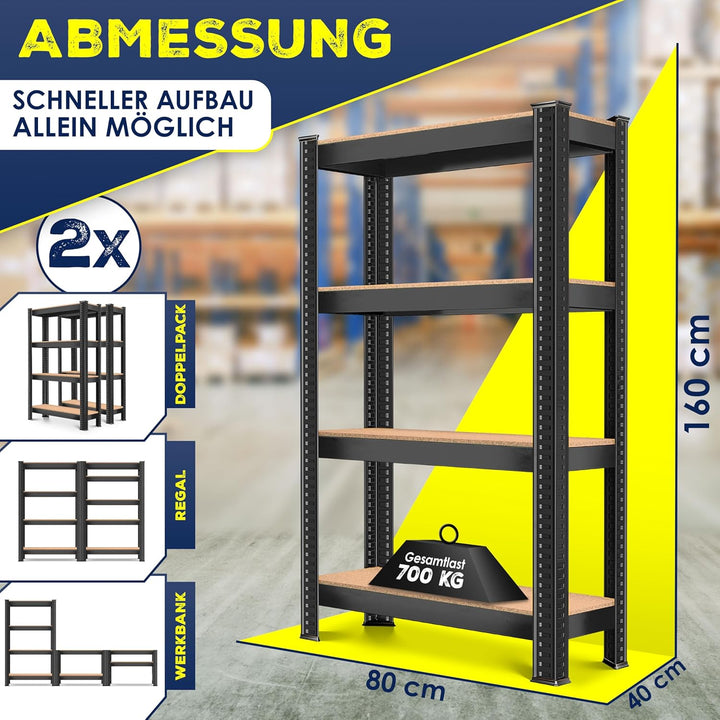 MASKO® 2er-Set Lagerregal Schwerlastregal, Kellerregal, 160 x 80 x 40 cm, bis 700kg belastbar, 4 ver