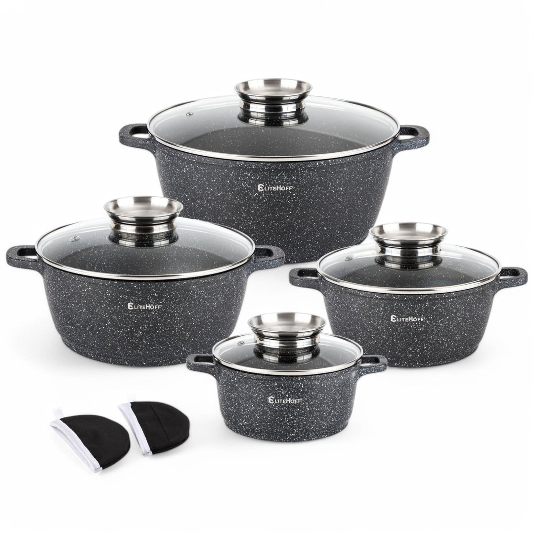 EliteHoff Kochtopf Set Induktion, Topf aus Aluminiumguss mit Antihaftbeschichtung, Topfset mit Glasd
