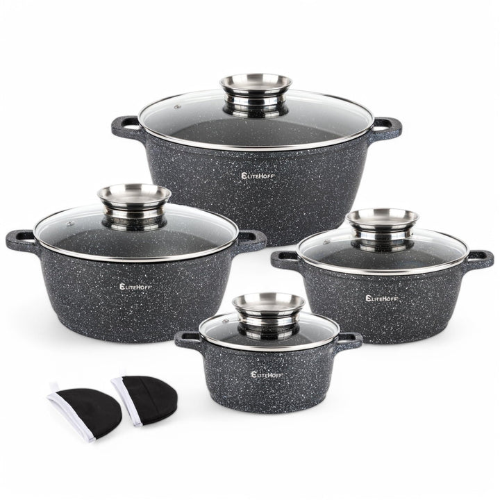EliteHoff Kochtopf Set Induktion, Topf aus Aluminiumguss mit Antihaftbeschichtung, Topfset mit Glasd
