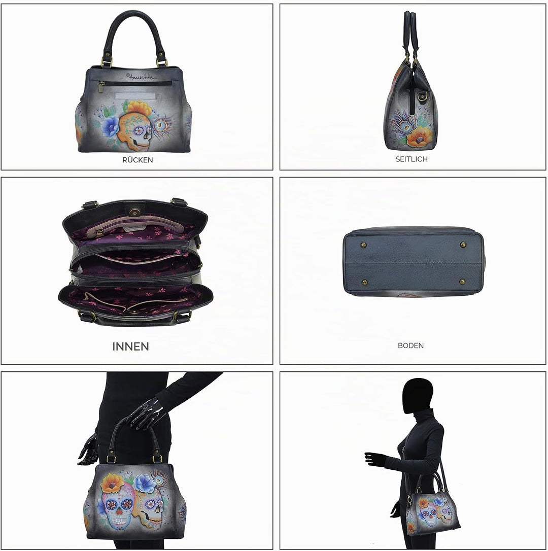 Anuschka Handbemalte Satchel Tasche mit mehreren Fächern aus Echtleder Calaveras De Azúcar, Calavera