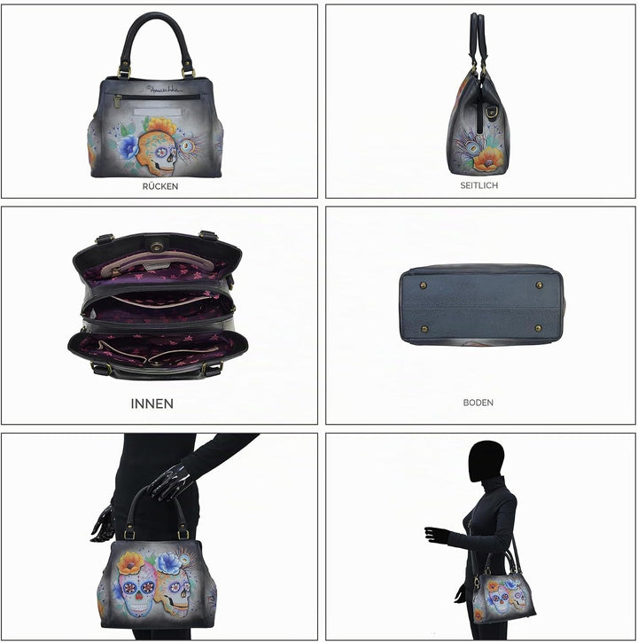 Anuschka Handbemalte Satchel Tasche mit mehreren Fächern aus Echtleder Calaveras De Azúcar, Calavera