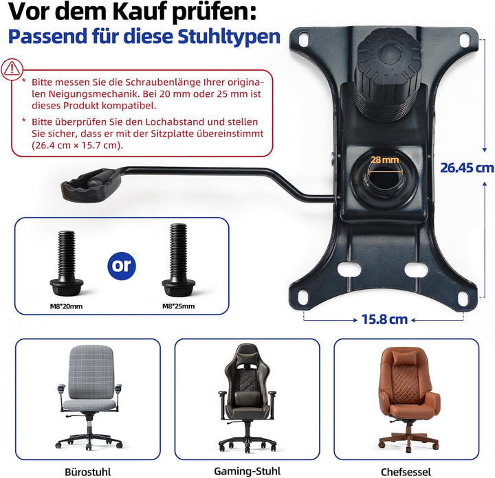 Sytopia Metall Sitzmechanik für Bürostuhl, 227kg Bodenplatte mit 6" x10,2 Löchern, Wippfunktion & Hö