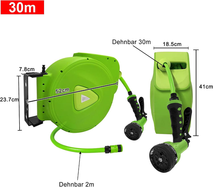 Wand-Schlauchbox 30m – Gartenschlauch Aufroller mit 9 Sprühfunktionen, Wandhalterung 180° drehbar, P