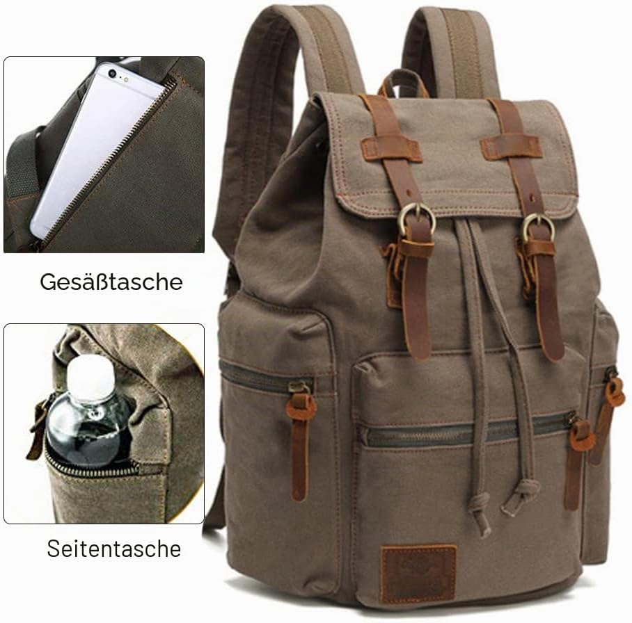 Retro Segeltuch Rucksack, Canvas Vintage Rucksack Laptop Daypack Schulrucksack Reisetasche Lederruck