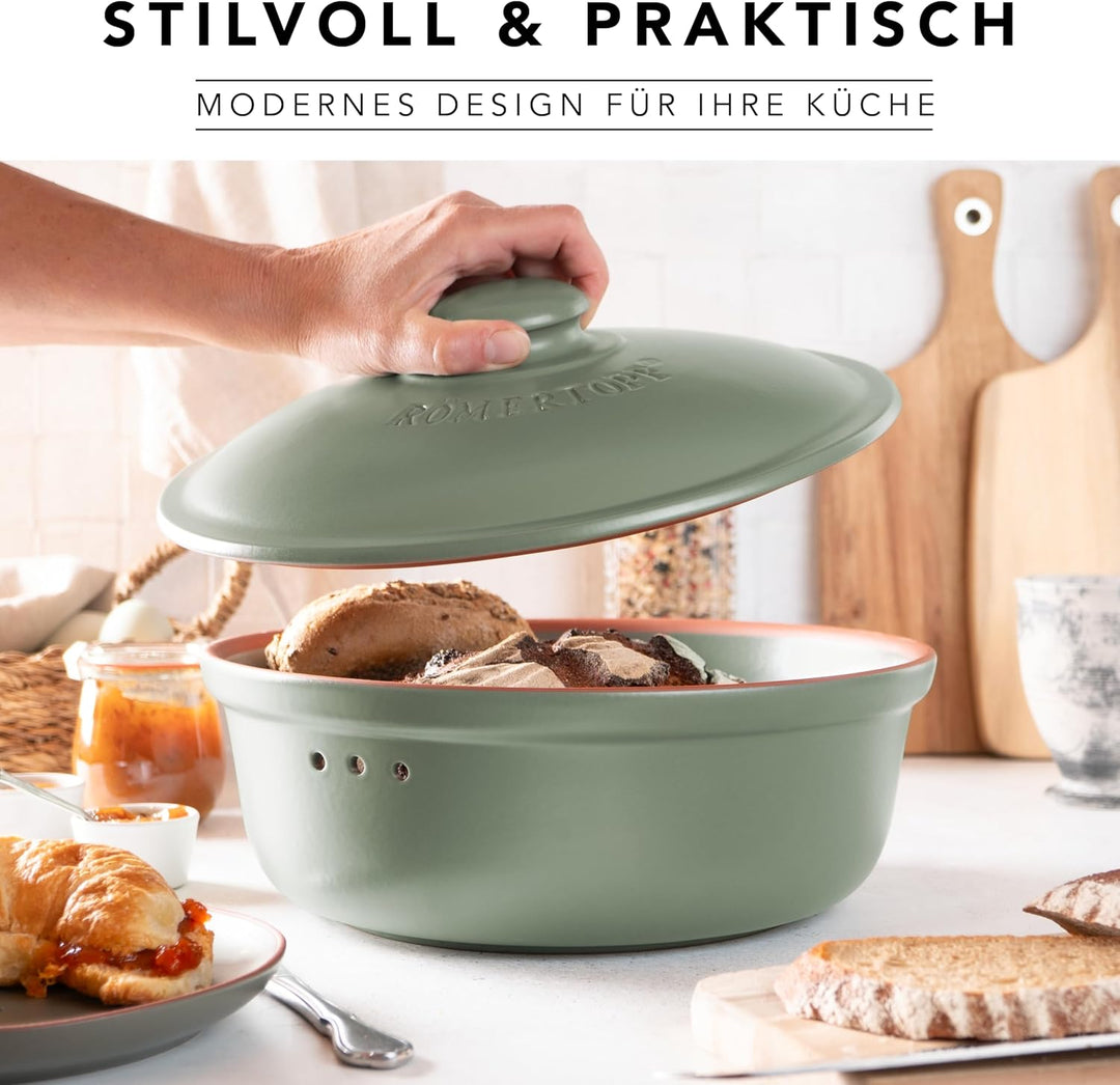 Romertopf Brottopf Rund Ø 30cm - Brotkasten Grün aus Keramik - Atmungsaktiver Tontopf für langanhalt