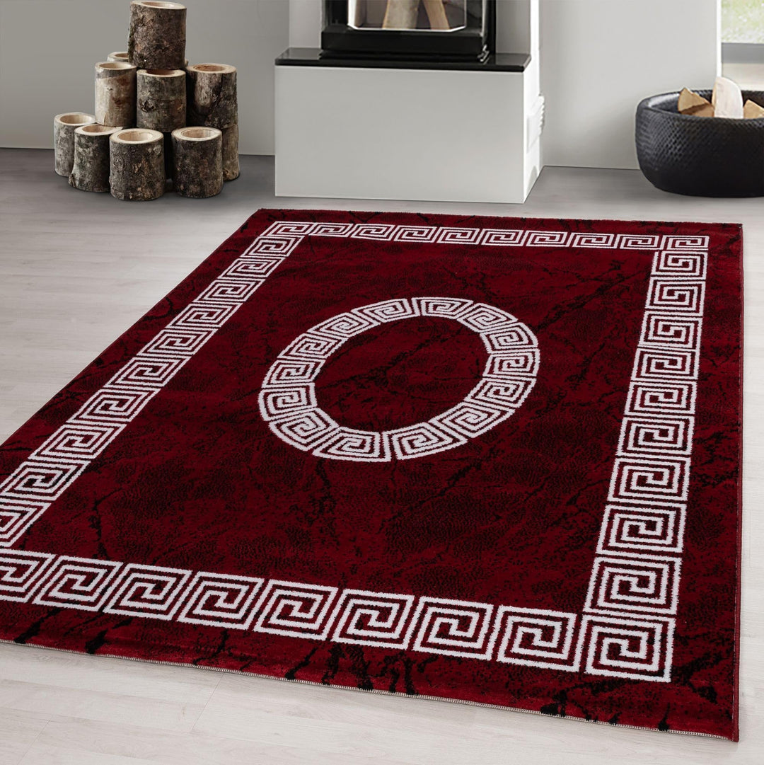 Carpetsale24 Teppich Wohnzimmer Marmor Optik mit Mäander Bordüre Muster Rot Meliert 240 x 340 cm - K