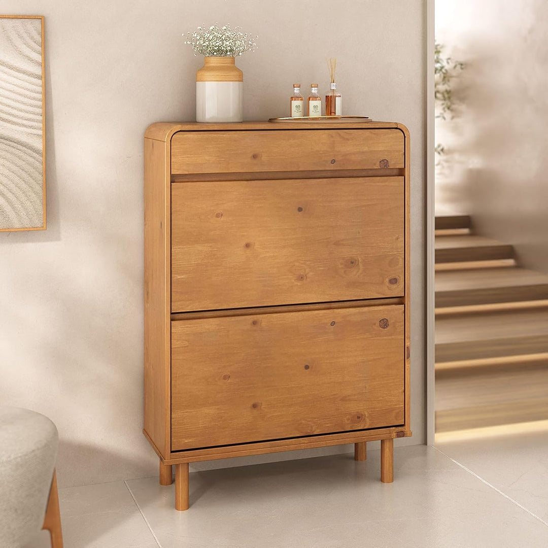 Schuhkipper NAEL mit 2 Klappen und Schublade, Eiche farben – schmaler Schuhschrank aus massivem Kief