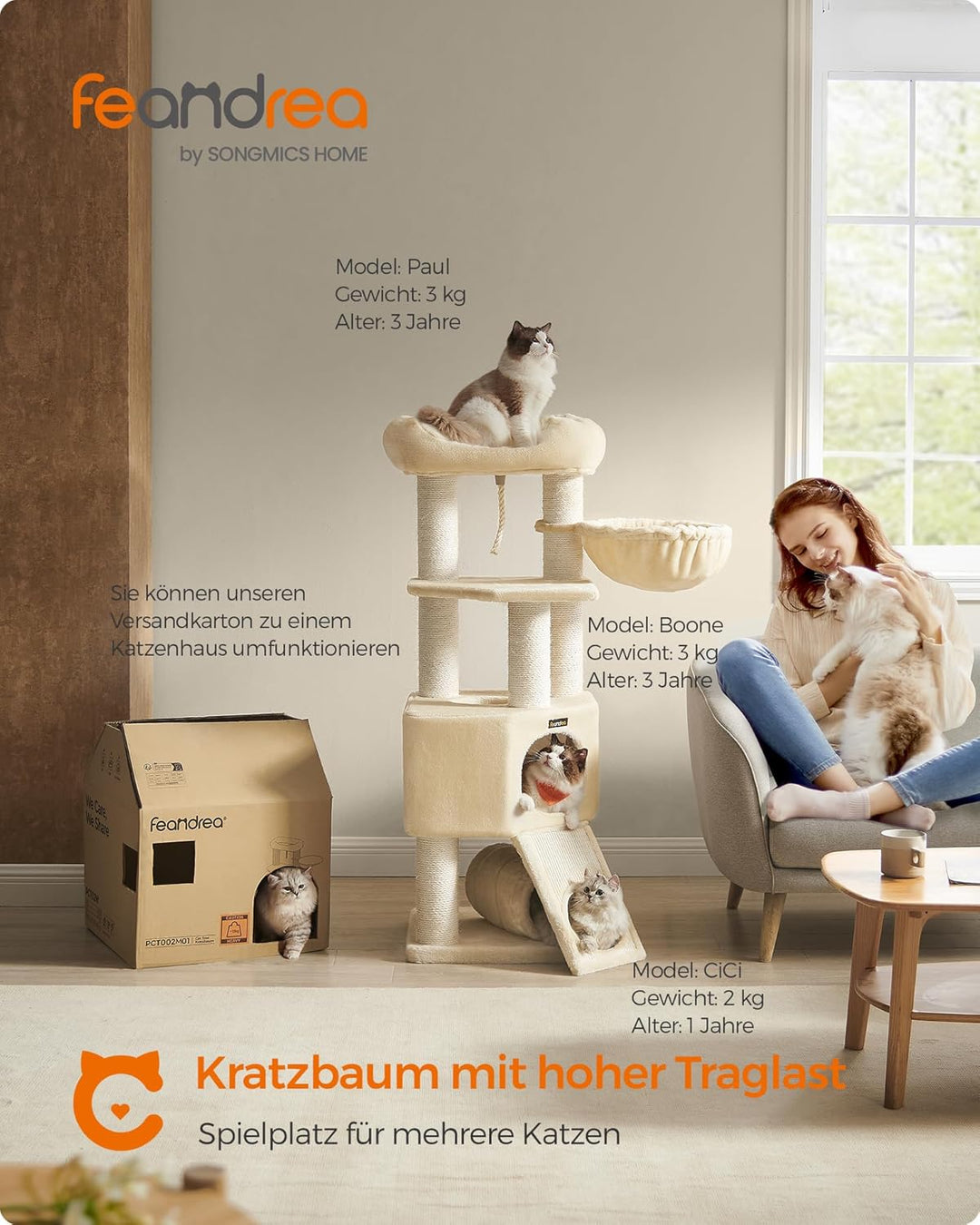 Feandrea Grosser Kratzbaum, M Katzenbaum, mit Höhle, Hängematte, Plüschplattform, Tunnel, Sisalstämm