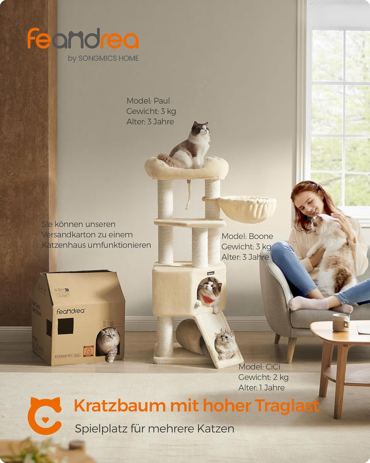 Feandrea Grosser Kratzbaum, M Katzenbaum, mit Höhle, Hängematte, Plüschplattform, Tunnel, Sisalstämm