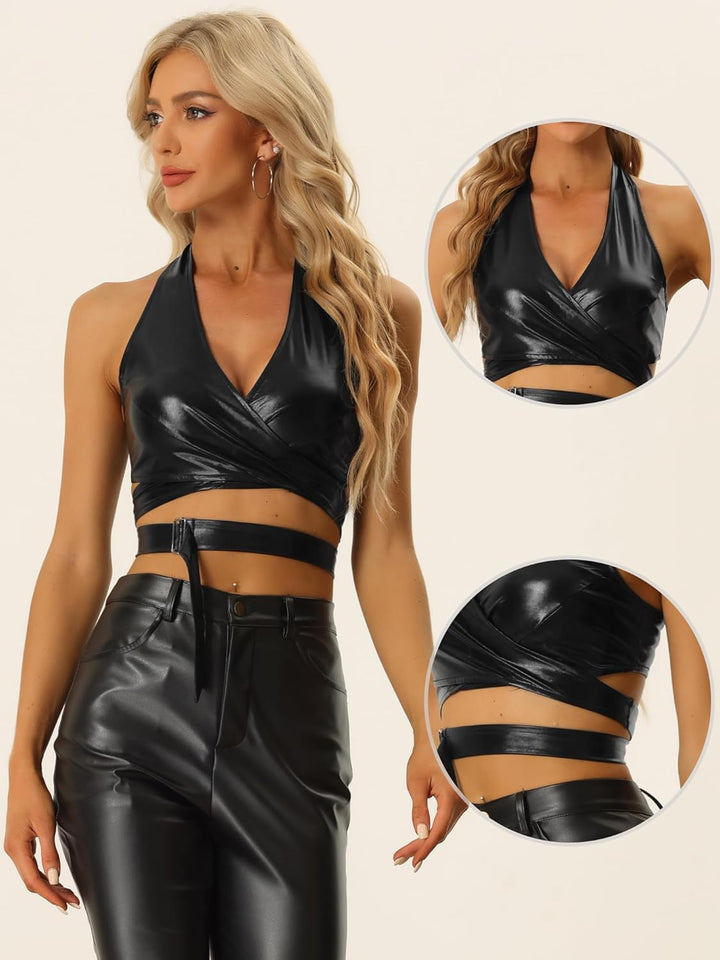 Allegra K Damen Crop Top V-Ausschnitt Metallic Neckholder Rückenfrei Holographic Oberteile M Schwarz