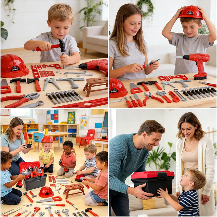 Morofme Kinder Werkzeugkoffer 52 Stück, Werkzeug Kinder Set mit Bohrmaschine, Arbeitskappe, Hammer,