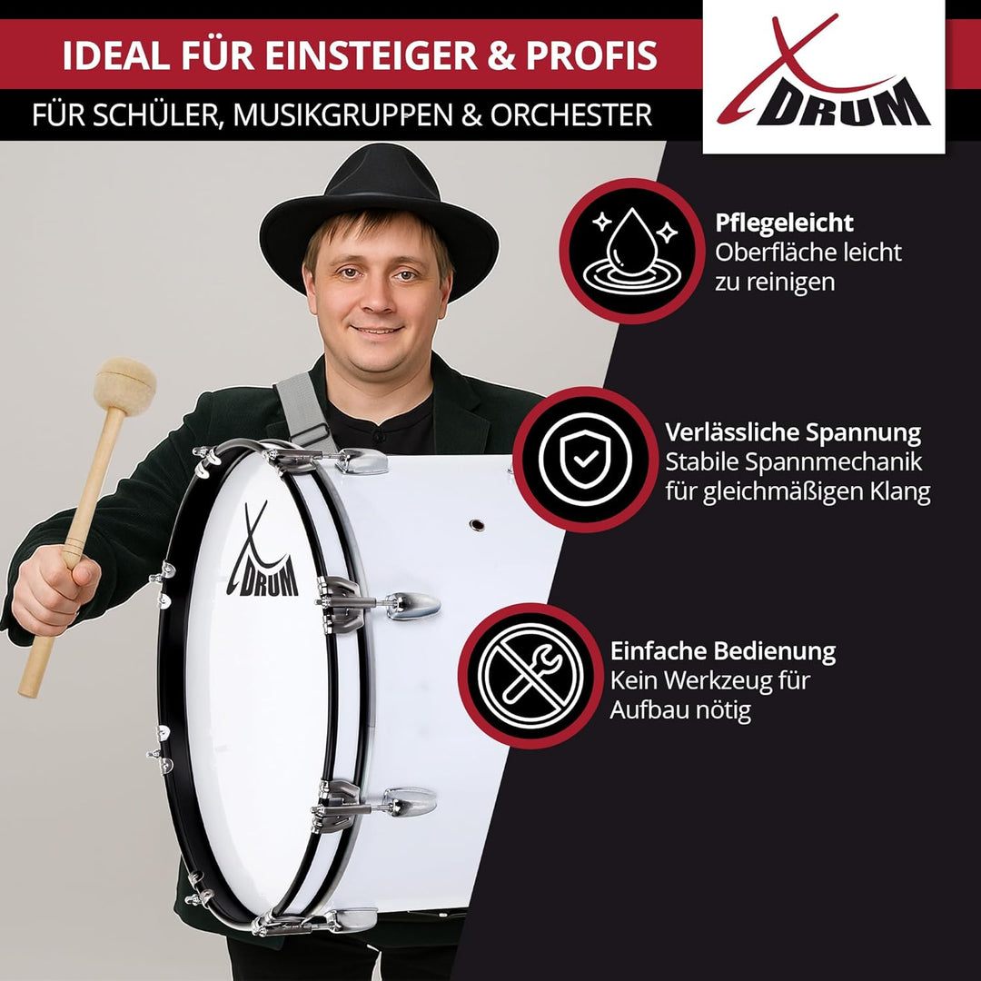 XDrum MBD-220 Marsch Bass Trommel, Fussball Pauke 20" x 12" (6,5 kg, 4 Ösen, Spannschrauben, inkl. P