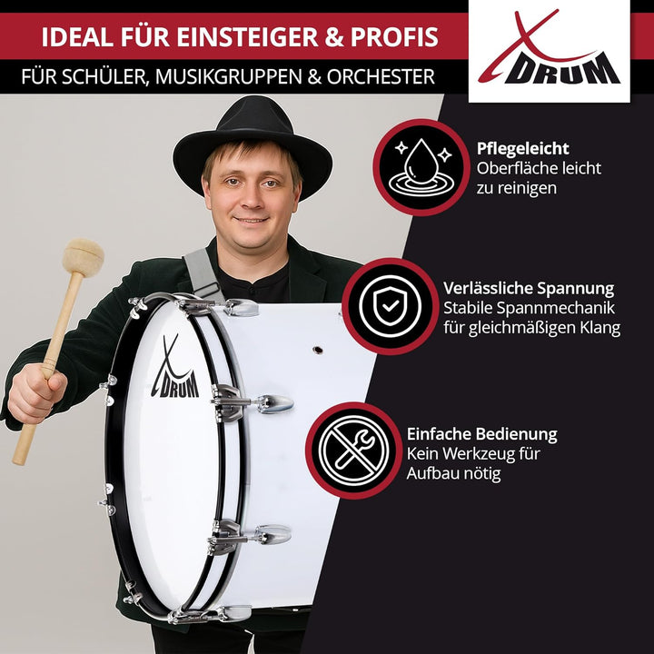 XDrum MBD-222 Marsch Bass Trommel, Fussball Pauke 22" x 12" (7,5 kg, 4 Ösen, Spannschrauben, inkl. P