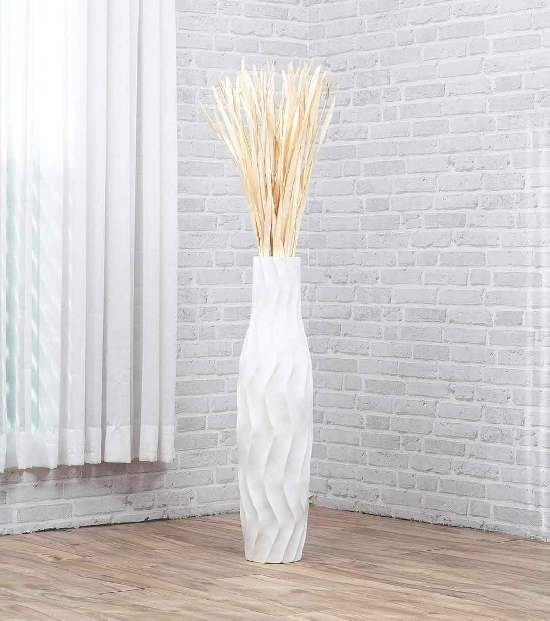 Leewadee Grosse Bodenvase für Dekozweige hohe Standvase Design Holzvase, Holz, 70 cm, Weiss 70 cm We