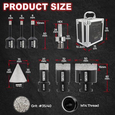 DT-DIATOOL Diamant-Bohrkrone-Kit - 6/6/8/20/32/50mm mit 35mm Diamant-Fasenbohrer M14 Gewinde und Sec