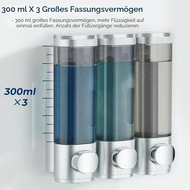 modunful Seifenspender für Dusche Wandbefestigung Ohne Bohren, 3 Kammern 300ml Duschspender Shampoo
