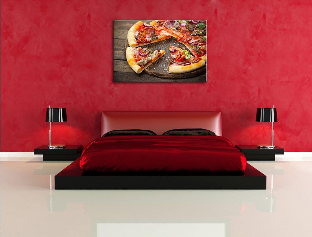 Leckere Pizza auf Holztisch Format: 100x70 auf Leinwand, XXL riesige Bilder fertig gerahmt mit Keilr