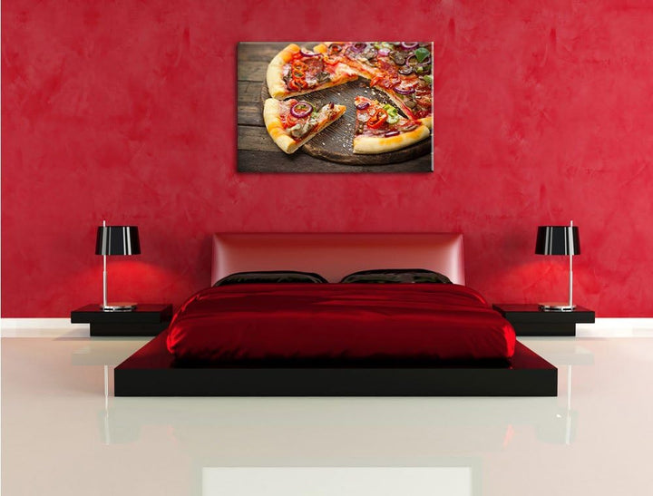 Leckere Pizza auf Holztisch Format: 100x70 auf Leinwand, XXL riesige Bilder fertig gerahmt mit Keilr