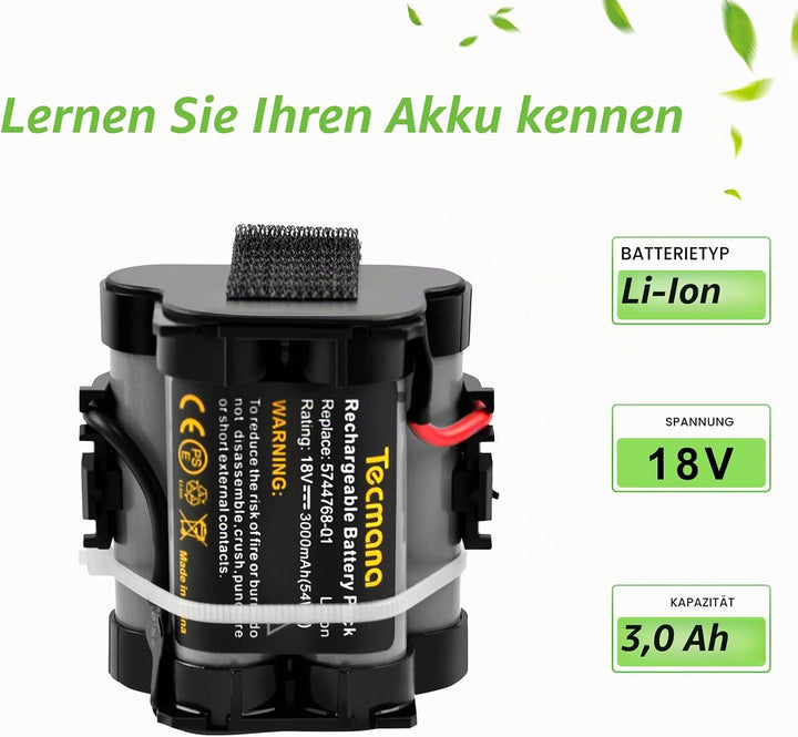 Tecmana 3000mAh 18V Lithium Akku Kompatibel mit Gardena Mähroboter R38Li, R40Li, R45Li, R50Li, R70Li