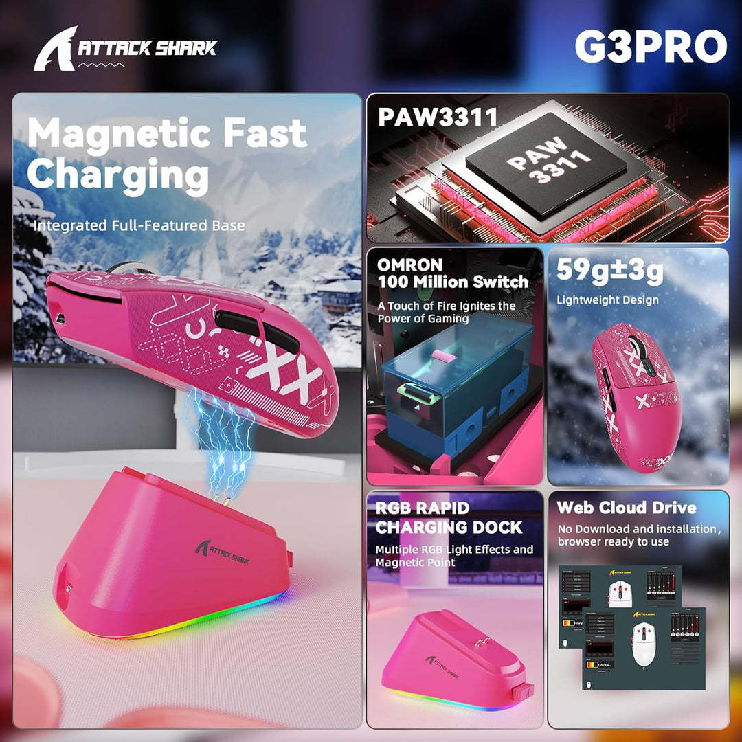 MAMBASNAKE x Attack Shark G3PRO Gaming-Maus mit Magnetischer Ladestation, BT/2.4G Wireless/Kabel, Pi