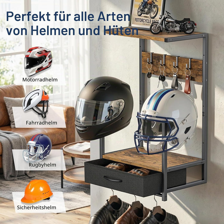 Housolution Motorradhelm Wandhalterung mit Stoffschublade, Helmhalterung mit 4 Handschuhchips und 4