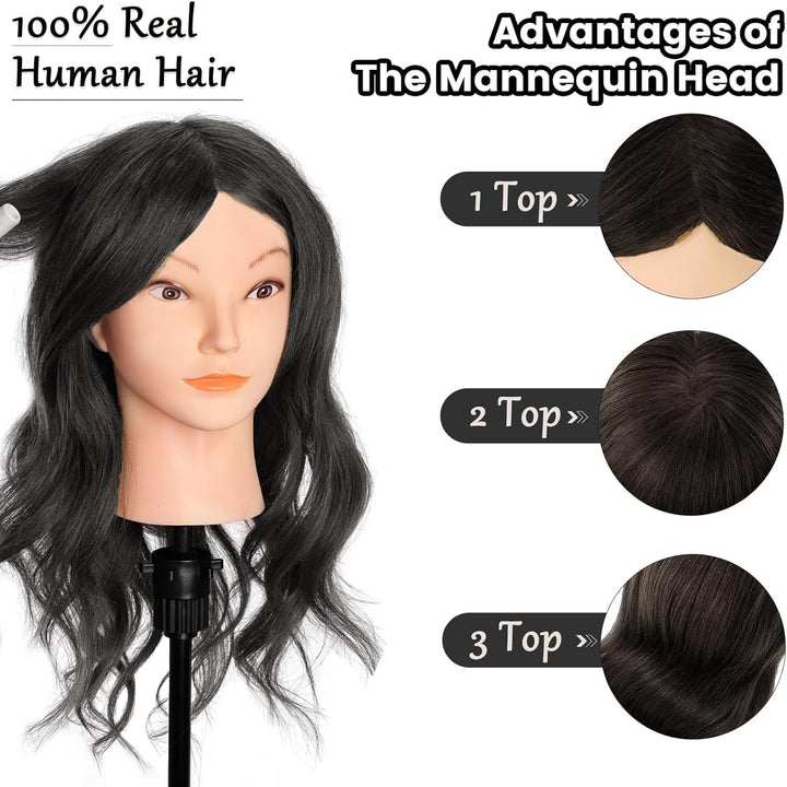 TopDirect Friseur Übungskopf 45cm mit 100% realistischem Kunsthaar, Schwarz Naturschwarz, Naturschwa