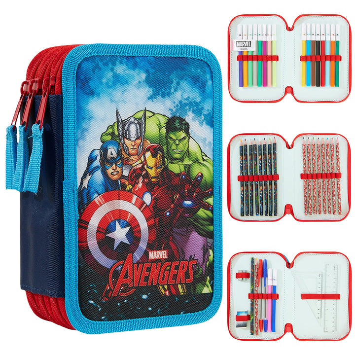 Marvel Federmäppchen für Jungen, Federmäppchen, Fächer, gefüllt, für Schule, Filz, Buntstift, Gesche
