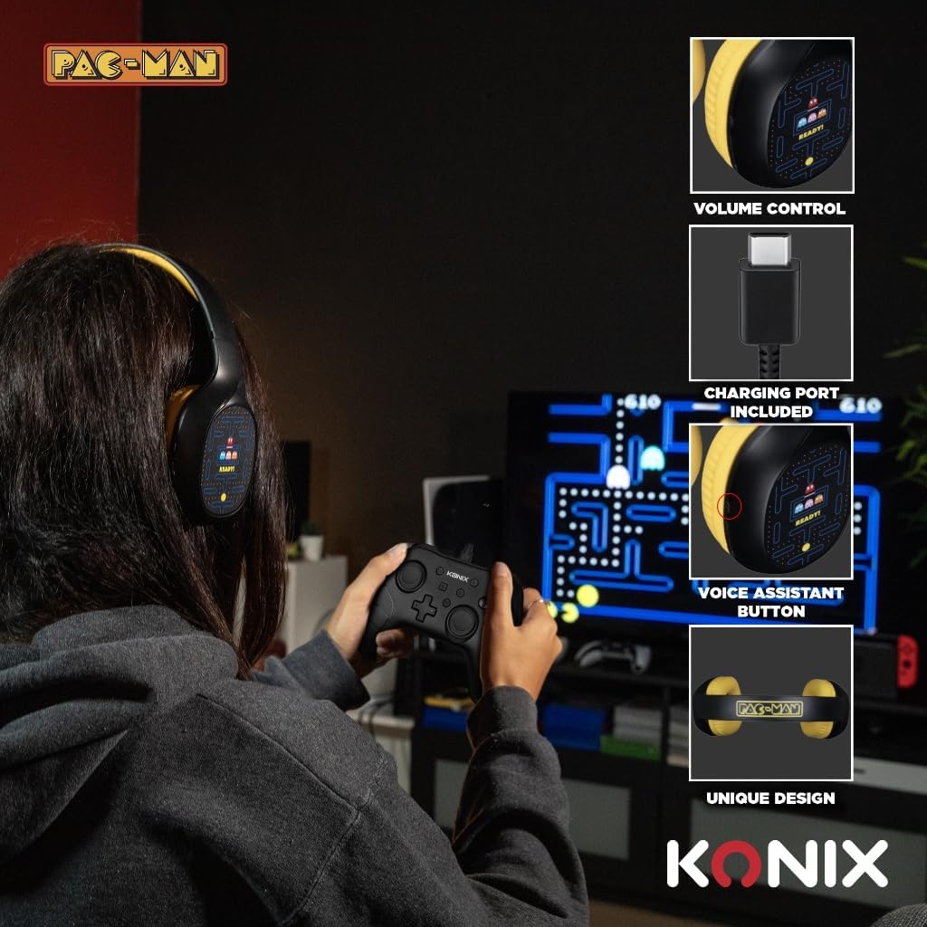 Konix Pac-Man On-Ear-Kopfhörer kabellos Bluetooth 5.3 für Smartphones und Tablets - 30 Std. Akkulauf