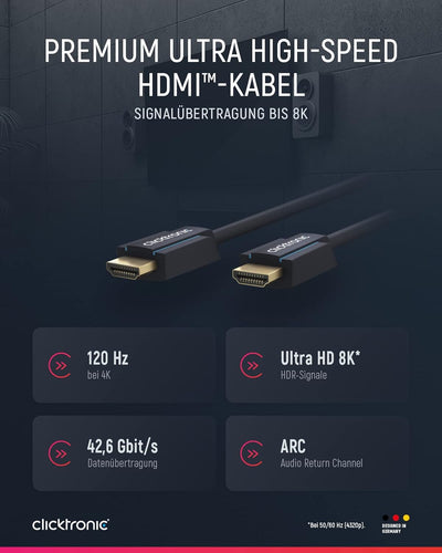 Clicktronic Ultra High Speed HDMI 2.1 Kabel mit Ethernet 48 Gbps 8K / 4K 120Hz HDMI Kabel PS5 mit eA