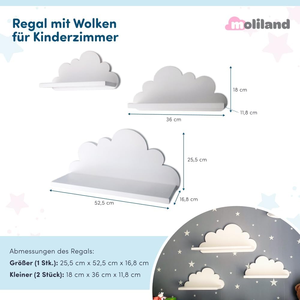3er Set Wandregal Kinderzimmer Weiss | Babyzimmer Wolkenregal für Bücher, Spielzeug, Dekoration | Re