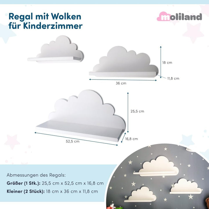 3er Set Wandregal Kinderzimmer Weiss | Babyzimmer Wolkenregal für Bücher, Spielzeug, Dekoration | Re