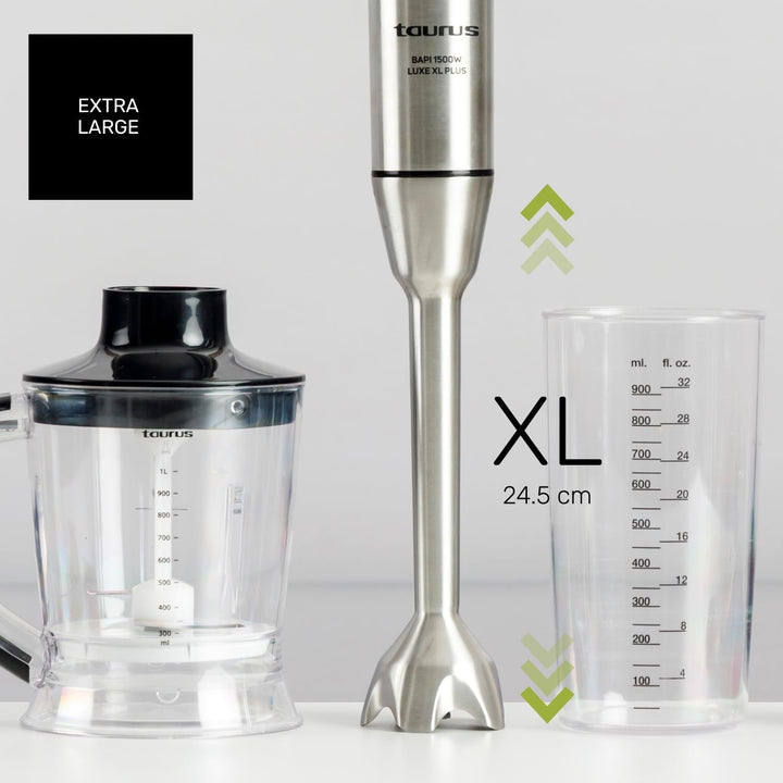 Taurus – Stabmixer XXL 1500W | 20 Geschwindigkeiten + TURBO | Edelstahlklingen | Spritzschutzglocke