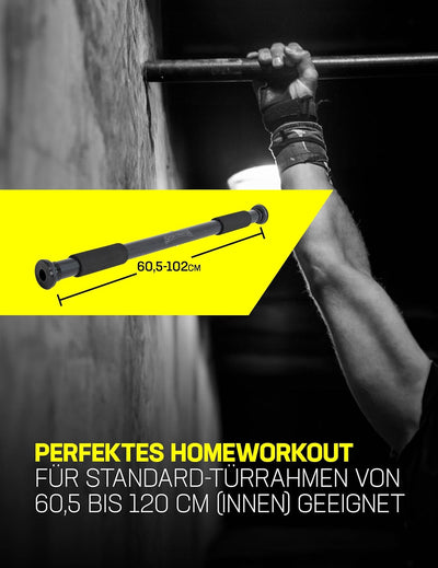 SPORTINATOR® Klimmzugstange zum Einspannen im Türrahmen, für dein Home-Gym. Länge 60–102 cm, kompakt