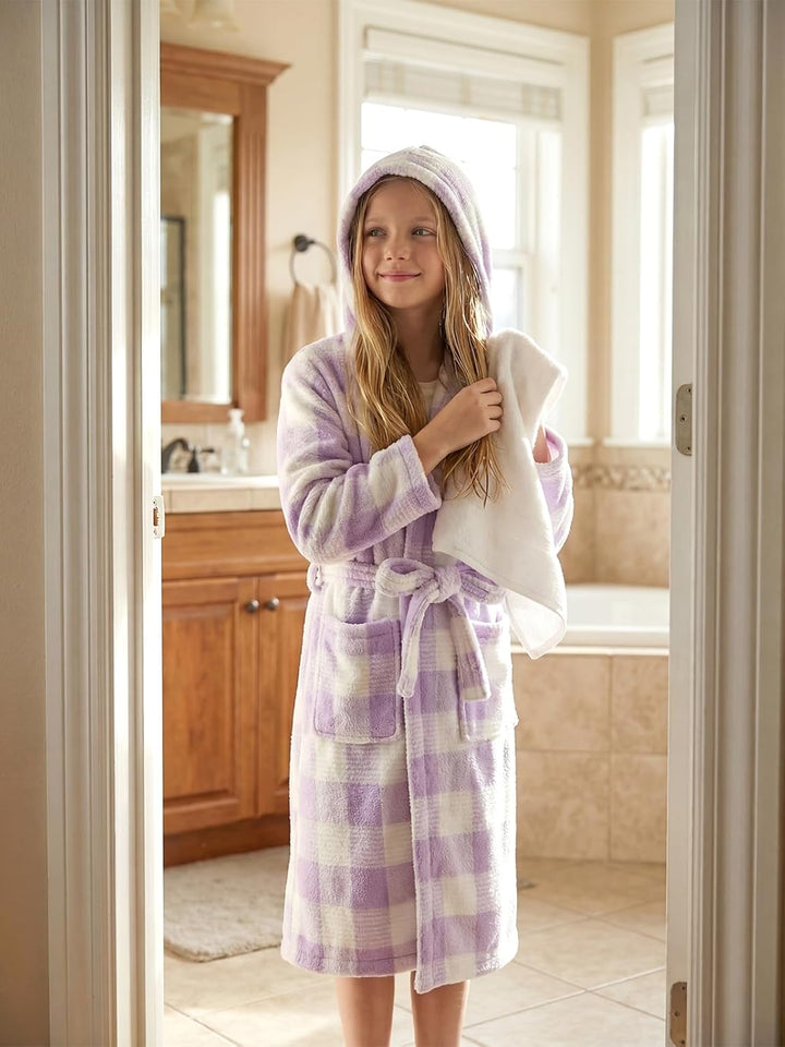 JiAmy Kapuzen Bademantel für Mädchen Flauschiger Fleece Plüsch Langer Schlafmantel Kinder Lila 7-9 J