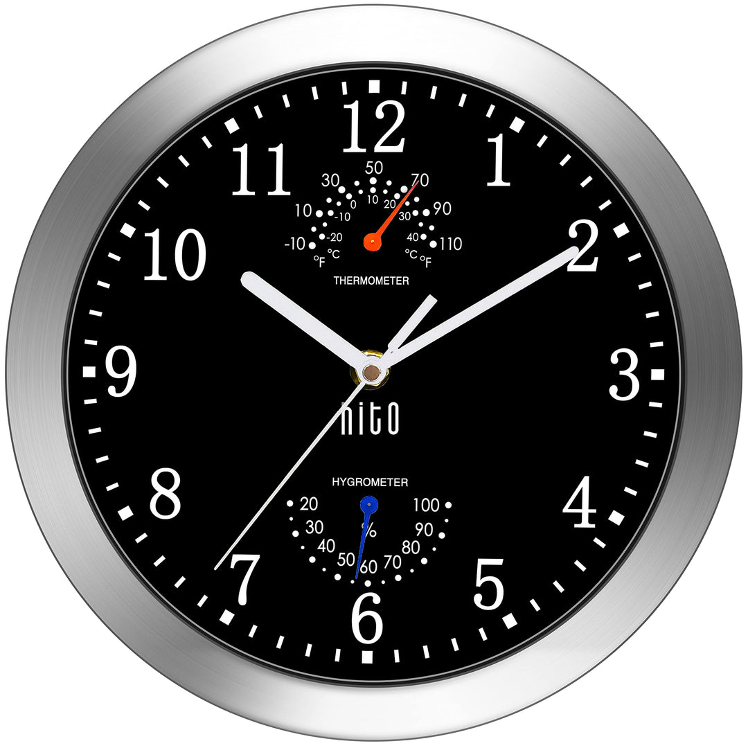 HITO 25,4 cm lautlose Wanduhr, batteriebetrieben, Nicht tickende Glasabdeckung, silberner Aluminiumr