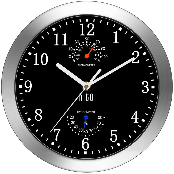 HITO 25,4 cm lautlose Wanduhr, batteriebetrieben, Nicht tickende Glasabdeckung, silberner Aluminiumr