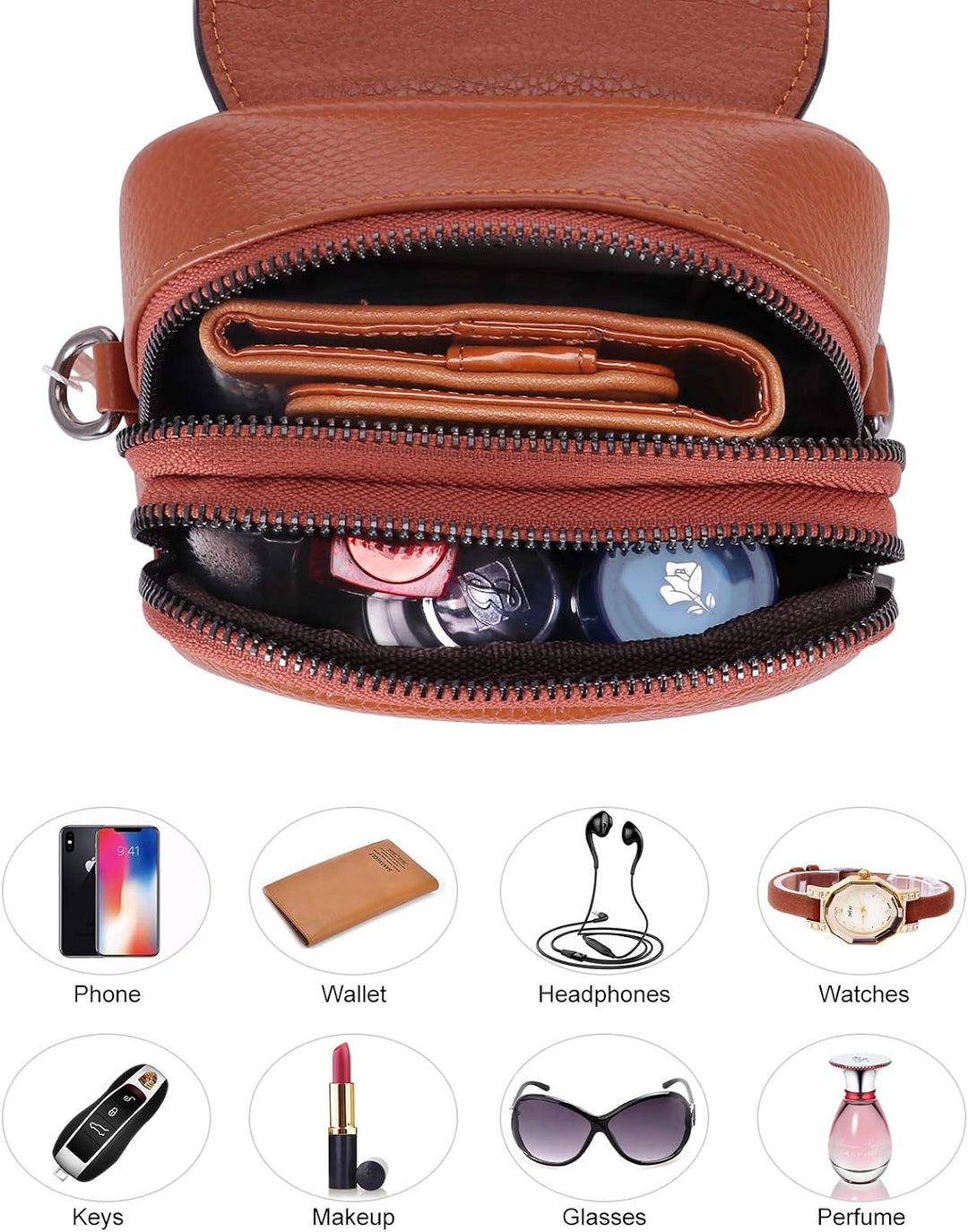 HAWEE Mode Damen Handytasche mit Riemen Echtes Leder Crossbody Handy Umhängetasche Leicht Damen Schu