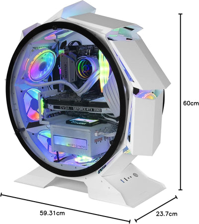 MarsGaming MCORB Weiss, Micro-ATX XL Gaming PC-Gehäuse, Custom Rundes Design, Gehärtetes Doppelglas,