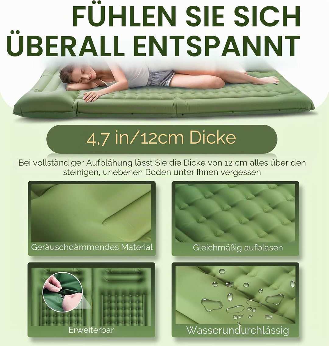 Luftmatratze Camping Matratze 12CM mit Fusspumpe Isomatte Camping mit Integrierten Kopfkissen für Ca