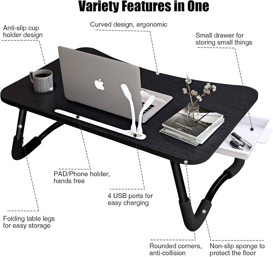 A3A ACADGQ Laptoptisch, Laptop Betttisch Klappbar, Notebook Tisch mit 4 USB Ladeanschluss, Schublade