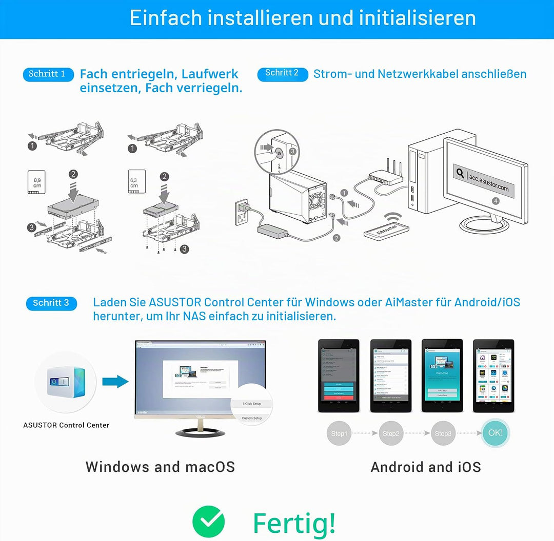 Asustor AS5202T Nimbustor 2 Bay NAS - Netzwerkspeicher Gehäuse, Dual Core 2,0GHz CPU, 2GB DDR4, gami