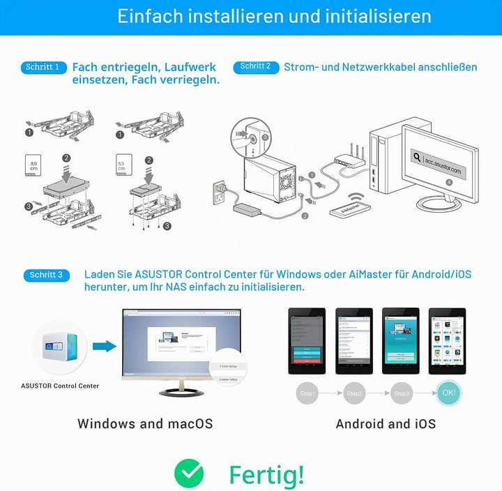 Asustor AS5202T Nimbustor 2 Bay NAS - Netzwerkspeicher Gehäuse, Dual Core 2,0GHz CPU, 2GB DDR4, gami