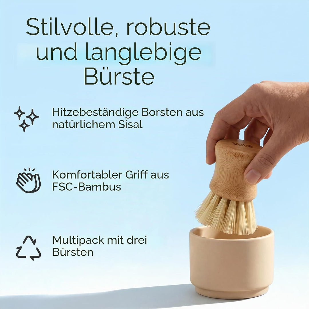 Vove Spülbürsten-Set mit Keramikbecher, 3er-Set – FSC-zertifizierter Bambus, plastikfreie, natürlich