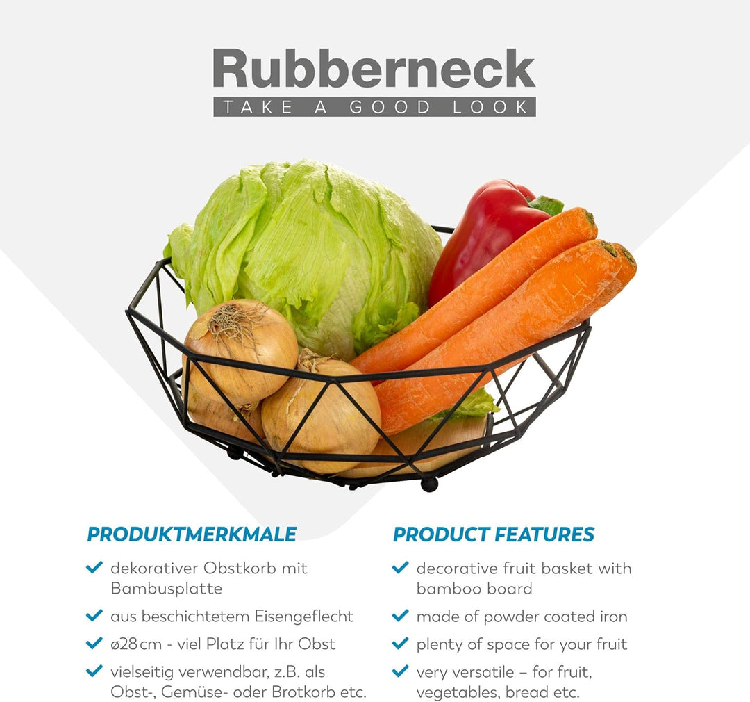 Rubberneck Obstkorb mit Holzboden aus Metall in Schwarz - Moderne Obstschale mit Holz Einsatz für Kü