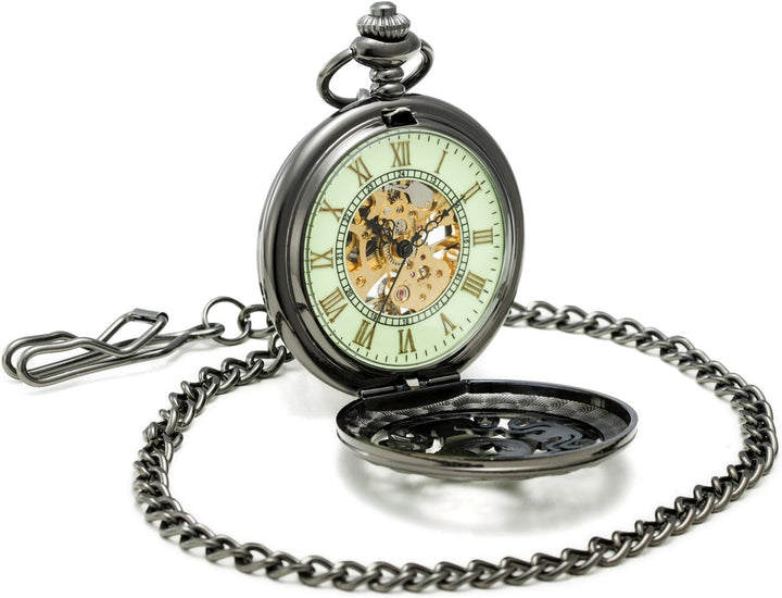 SEWOR Mens Luminous Dial Hand Wind Mechanical Pocket Watch with Brand Leather Gift Box (Stand Up Bla