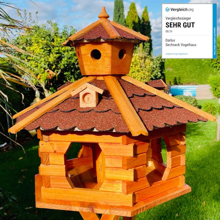 Handgefertigtes Sechseck Vogelhaus aus Holz wetterfest M - XXL mit und ohne Ständer, Futterhaus, Fut