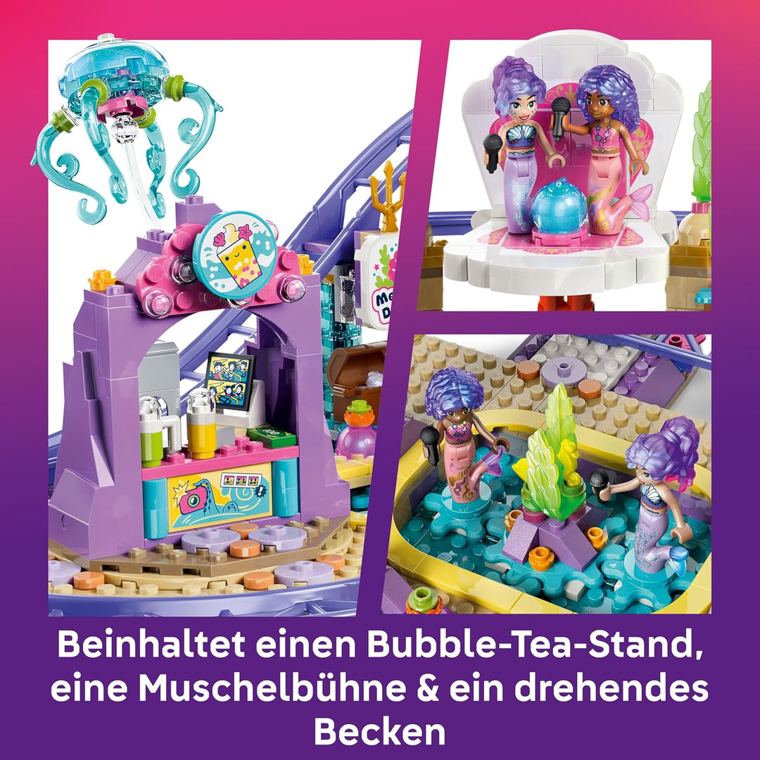 LEGO Friends Meerjungfrauen-Achterbahn - Interaktives Spielzeug mit 3 Wagen, Shop, 5 Minifiguren und