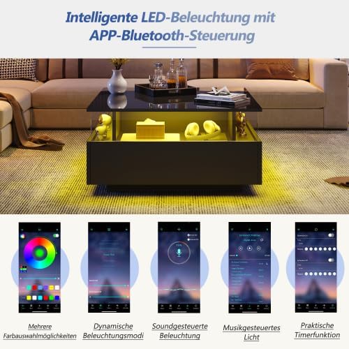 Merax Moderner Couchtisch mit LED-Beleuchtung, 70x70x41cm, Wohnzimmertisch & Beistelltisch Couch, 2