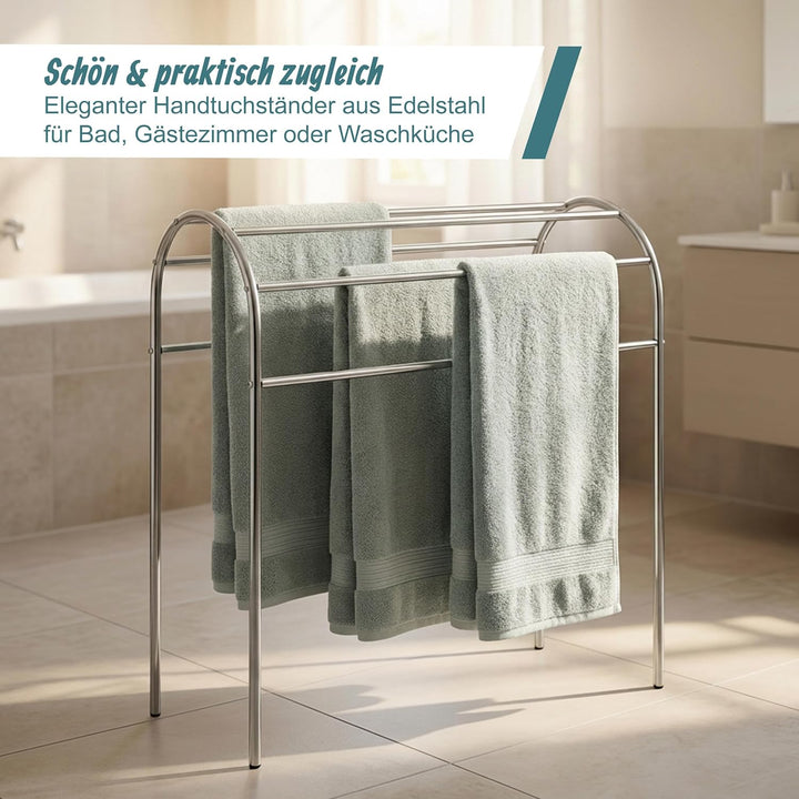 Relaxdays Handtuchständer, HBT: 81,5 x 78 x 29,5 cm, Edelstahl, 6 Stangen, stehender Handtuchhalter,