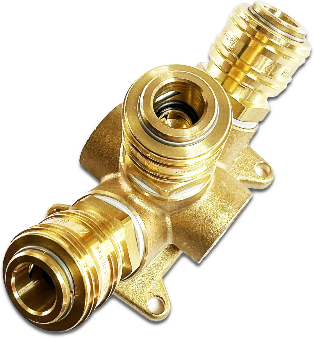 Druckluftverteiler Wanddose Druckluftweiche aus Messing mit 2 x 1/2" Eingangsgewinde und 3 x Kupplun